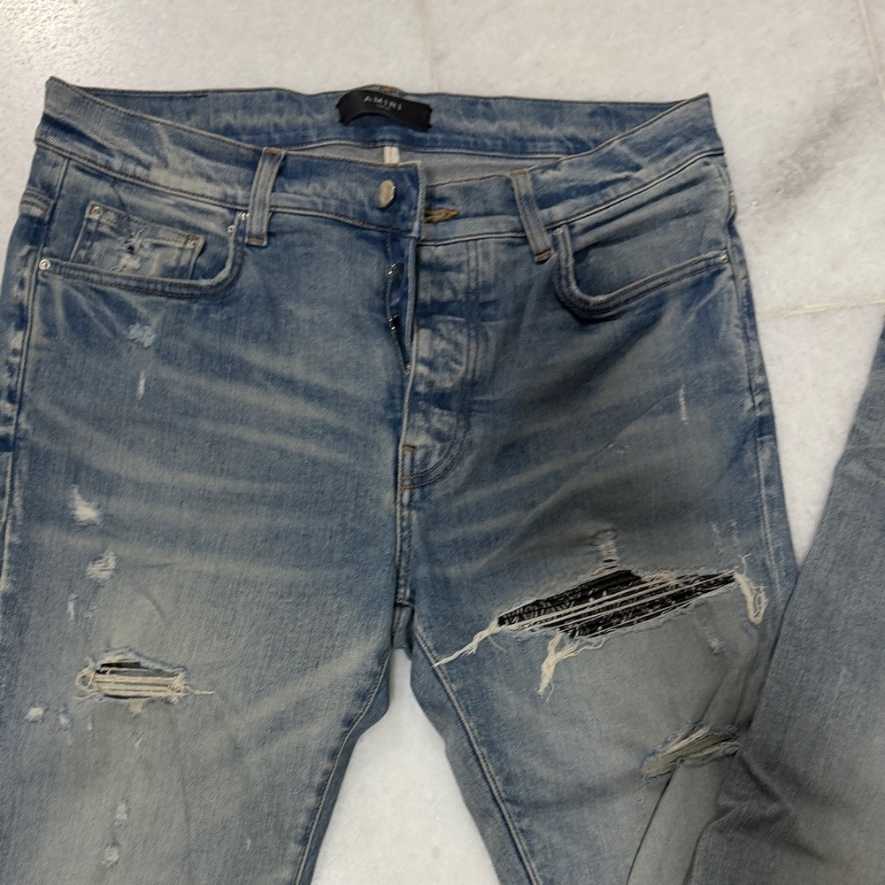 AMIRI Light Blue Distressed Slim Straight Jeans